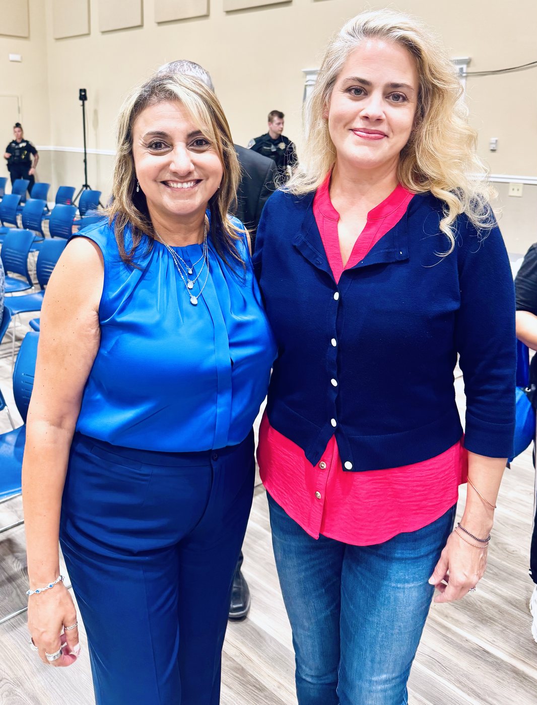 Heidi Pacella of Homer Glen with Bolingbrook Mayor Mary Alexander-Basta at the Illinois Commerce Commission public comment forum on the Illinois American Water rate increase, Bolingbrook Community Center, July 14, 2026.