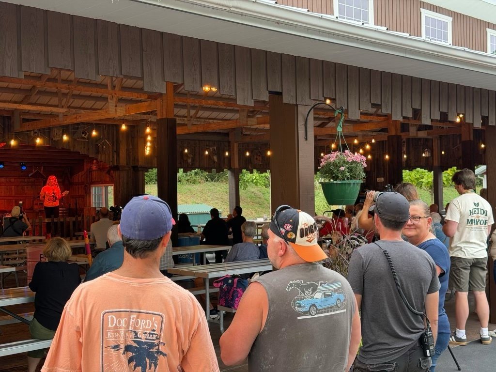 Neighbors stand and watch as Heidi speaks on the pavilion stage under string lights.