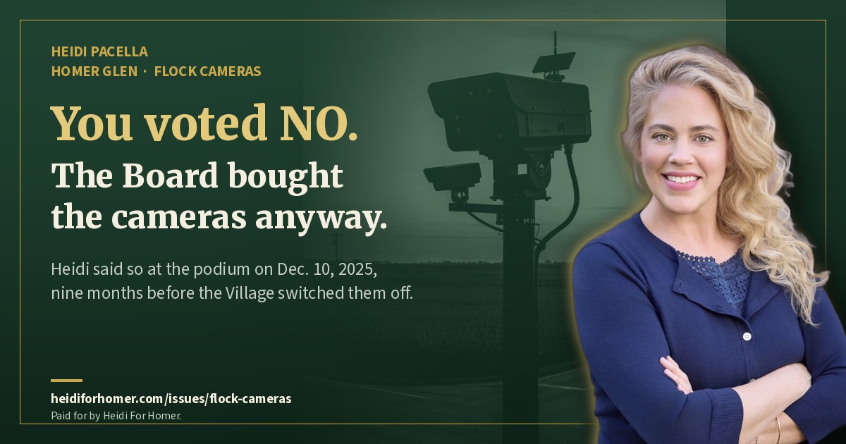 Share card: You voted NO. The Board bought the cameras anyway. Heidi Pacella in front of a license-plate camera.